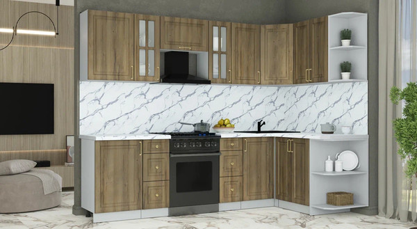 Изображение товара Кухонный гарнитур Интерлиния Мила Шато 1.5x2.7 PR (дуб вотан/дуб вотан/белый гранит)