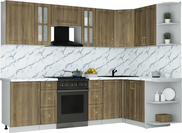 Изображение товара Кухонный гарнитур Интерлиния Мила Шато 1.5x2.7 PR (дуб вотан/дуб вотан/белый гранит)