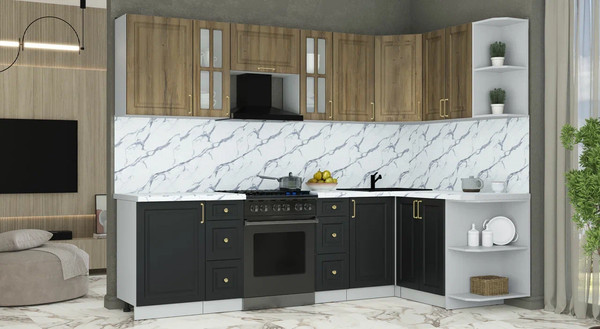 Изображение товара Кухонный гарнитур Интерлиния Мила Шато 1.5x2.7 PR (дуб вотан/черный/белый гранит)