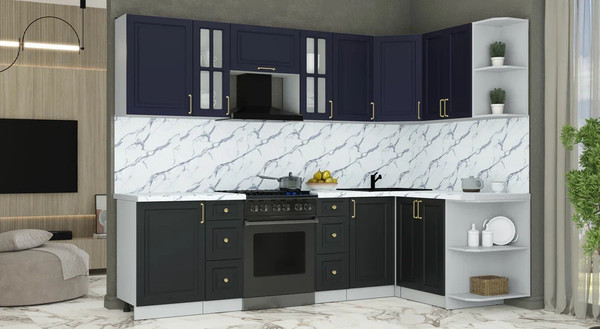 Изображение товара Кухонный гарнитур Интерлиния Мила Шато 1.5x2.7 PR (индиго/черный/белый гранит)