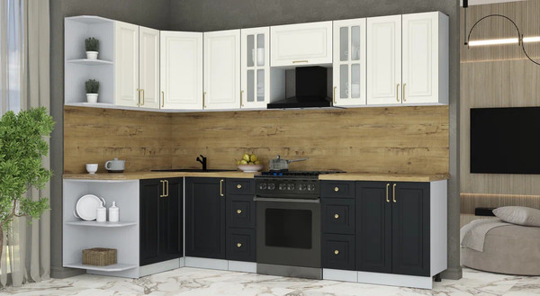 Изображение товара Кухонный гарнитур Интерлиния Мила Шато 1.5x2.8 LV (белый/черный/дуб бунратти)