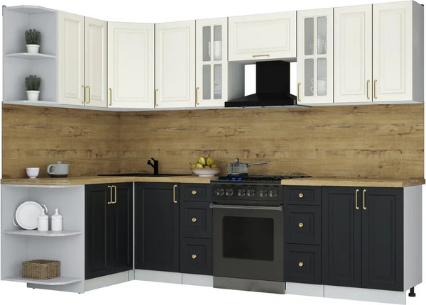 Изображение товара Кухонный гарнитур Интерлиния Мила Шато 1.5x2.8 LV (белый/черный/дуб бунратти)