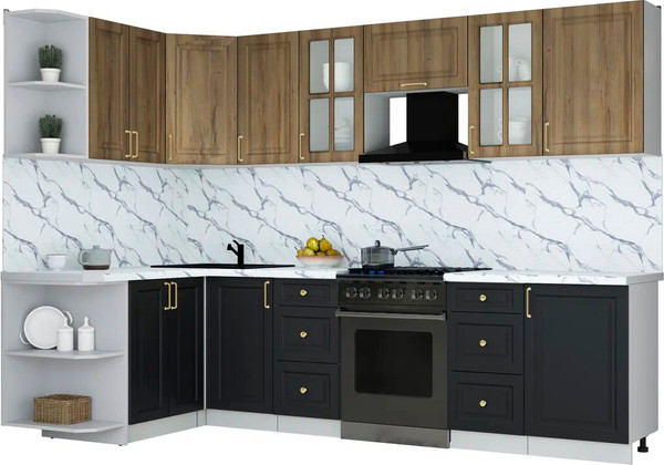 Изображение товара Кухонный гарнитур Интерлиния Мила Шато 1.5x2.9 LV (дуб вотан/черный/белый гранит)