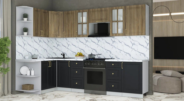 Изображение товара Кухонный гарнитур Интерлиния Мила Шато 1.5x2.9 LV (дуб вотан/черный/белый гранит)