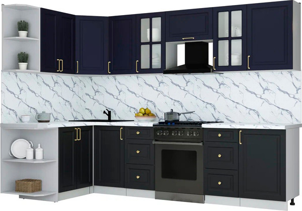 Изображение товара Кухонный гарнитур Интерлиния Мила Шато 1.5x2.9 LV (индиго/черный/белый гранит)