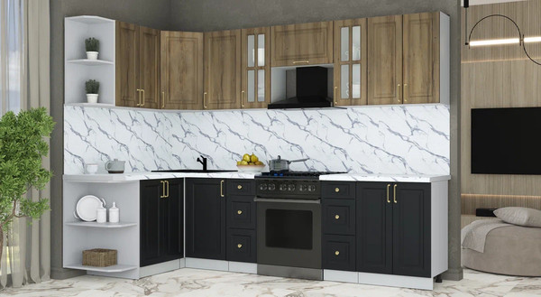 Изображение товара Кухонный гарнитур Интерлиния Мила Шато 1.5x2.8 LV (дуб вотан/черный/белый гранит)