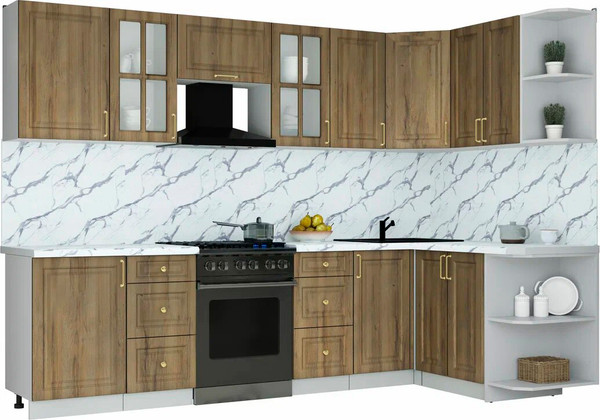 Изображение товара Кухонный гарнитур Интерлиния Мила Шато 1.5x2.9 PR (дуб вотан/дуб вотан/белый гранит)