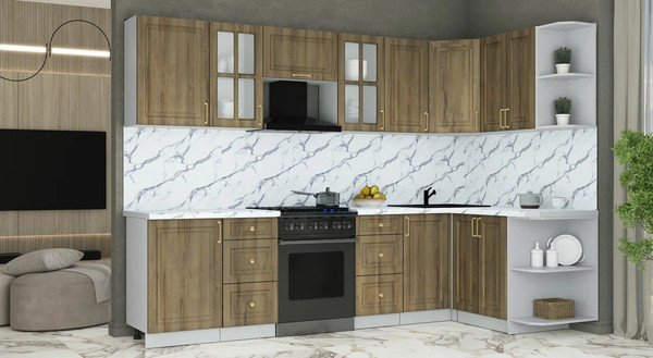 Изображение товара Кухонный гарнитур Интерлиния Мила Шато 1.5x2.9 PR (дуб вотан/дуб вотан/белый гранит)