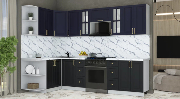 Изображение товара Кухонный гарнитур Интерлиния Мила Шато 1.5x2.8 LV (индиго/черный/белый гранит)