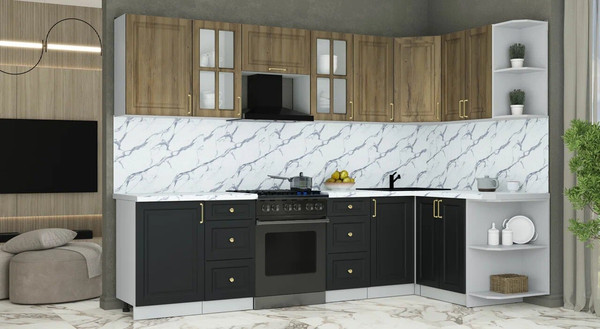 Изображение товара Кухонный гарнитур Интерлиния Мила Шато 1.5x2.9 PR (дуб вотан/черный/белый гранит)