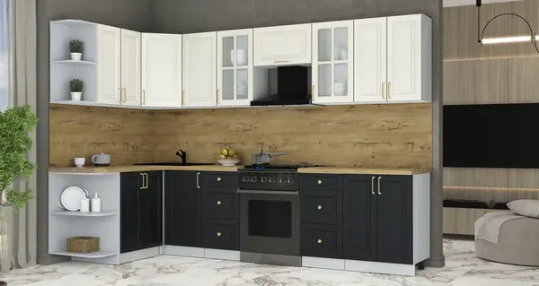 Изображение товара Кухонный гарнитур Интерлиния Мила Шато 1.5x3.0 LV (белый/черный/дуб бунратти)