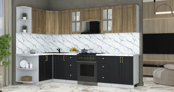 Изображение товара Кухонный гарнитур Интерлиния Мила Шато 1.5x3.0 LV (дуб вотан/черный/белый гранит)