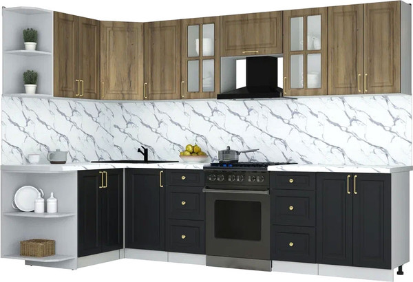 Изображение товара Кухонный гарнитур Интерлиния Мила Шато 1.5x3.0 LV (дуб вотан/черный/белый гранит)