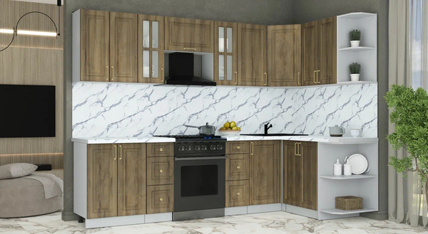 Изображение товара Кухонный гарнитур Интерлиния Мила Шато 1.5x2.8 PR (дуб вотан/дуб вотан/белый гранит)