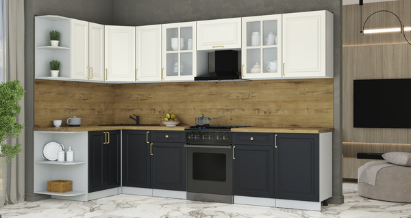 Изображение товара Кухонный гарнитур Интерлиния Мила Шато 1.5x3.1 LV (белый/черный/дуб бунратти)