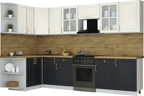 Изображение товара Кухонный гарнитур Интерлиния Мила Шато 1.5x3.1 LV (белый/черный/дуб бунратти)