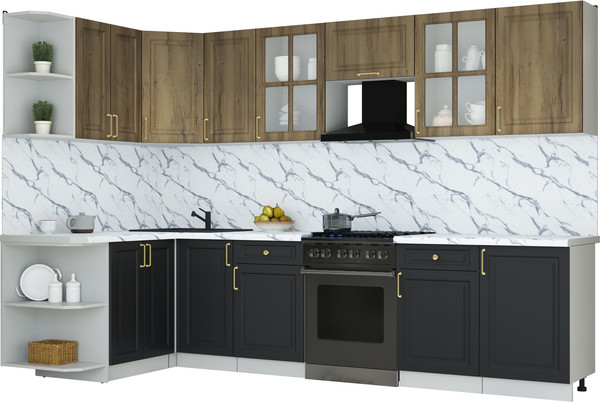Изображение товара Кухонный гарнитур Интерлиния Мила Шато 1.5x3.1 LV (дуб вотан/черный/белый гранит)