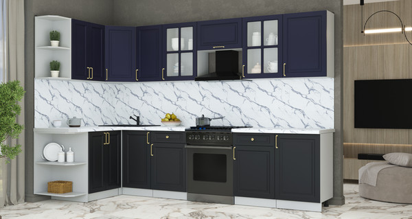 Изображение товара Кухонный гарнитур Интерлиния Мила Шато 1.5x3.1 LV (индиго/черный/белый гранит)