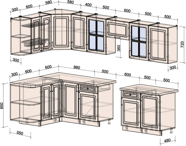 Изображение товара Кухонный гарнитур Интерлиния Мила Шато 1.5x3.1 LV (мята/керамика/опал светлый)