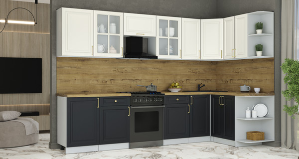 Изображение товара Кухонный гарнитур Интерлиния Мила Шато 1.5x3.1 PR (белый/черный/дуб бунратти)