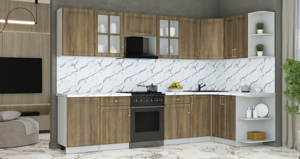 Изображение товара Кухонный гарнитур Интерлиния Мила Шато 1.5x3.1 PR (дуб вотан/дуб вотан/белый гранит)