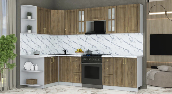 Изображение товара Кухонный гарнитур Интерлиния Мила Шато 1.5x2.8 LV (дуб вотан/дуб вотан/белый гранит)