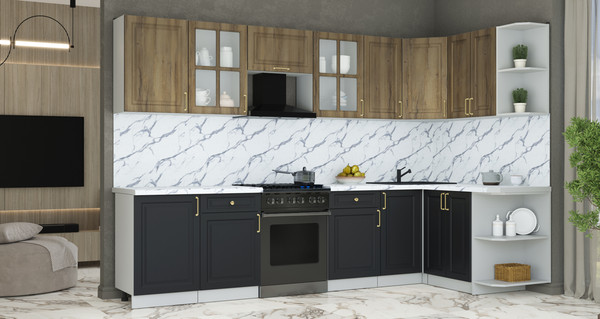 Изображение товара Кухонный гарнитур Интерлиния Мила Шато 1.5x3.1 PR (дуб вотан/черный/белый гранит)