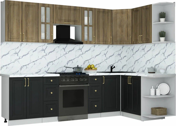 Изображение товара Кухонный гарнитур Интерлиния Мила Шато 1.5x2.8 PR (дуб вотан/черный/белый гранит)