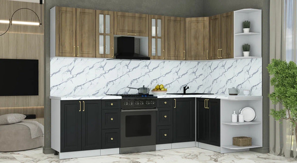 Изображение товара Кухонный гарнитур Интерлиния Мила Шато 1.5x2.8 PR (дуб вотан/черный/белый гранит)