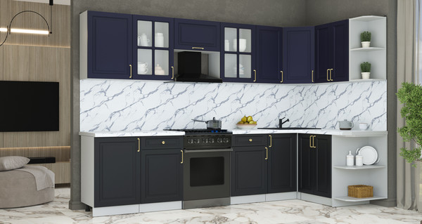 Изображение товара Кухонный гарнитур Интерлиния Мила Шато 1.5x3.1 PR (индиго/черный/белый гранит)