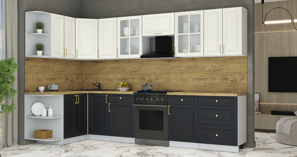 Изображение товара Кухонный гарнитур Интерлиния Мила Шато 1.5x3.2 LV (белый/черный/дуб бунратти)