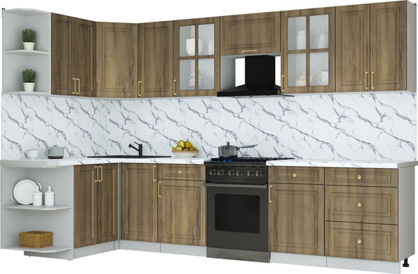 Изображение товара Кухонный гарнитур Интерлиния Мила Шато 1.5x3.2 LV (дуб вотан/дуб вотан/белый гранит)