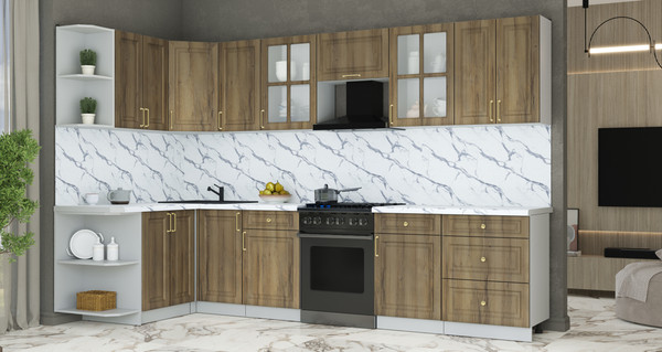 Изображение товара Кухонный гарнитур Интерлиния Мила Шато 1.5x3.2 LV (дуб вотан/дуб вотан/белый гранит)