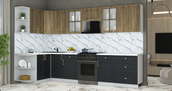 Изображение товара Кухонный гарнитур Интерлиния Мила Шато 1.5x3.2 LV (дуб вотан/черный/белый гранит)