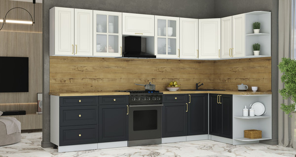 Изображение товара Кухонный гарнитур Интерлиния Мила Шато 1.5x3.2 PR (белый/черный/дуб бунратти)