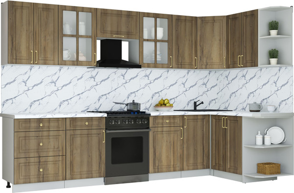 Изображение товара Кухонный гарнитур Интерлиния Мила Шато 1.5x3.2 PR (дуб вотан/дуб вотан/белый гранит)