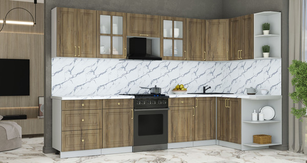 Изображение товара Кухонный гарнитур Интерлиния Мила Шато 1.5x3.2 PR (дуб вотан/дуб вотан/белый гранит)