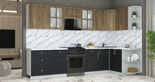 Изображение товара Кухонный гарнитур Интерлиния Мила Шато 1.5x3.2 PR (дуб вотан/черный/белый гранит)