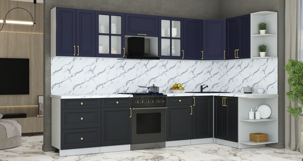 Изображение товара Кухонный гарнитур Интерлиния Мила Шато 1.5x3.2 PR (индиго/черный/белый гранит)