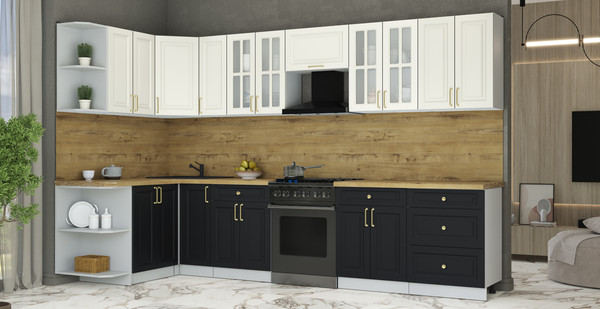 Изображение товара Кухонный гарнитур Интерлиния Мила Шато 1.5x3.3 LV (белый/черный/дуб бунратти)