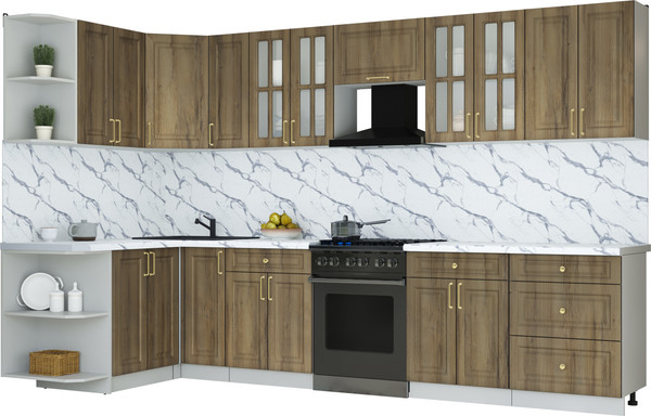 Изображение товара Кухонный гарнитур Интерлиния Мила Шато 1.5x3.3 LV (дуб вотан/дуб вотан/белый гранит)