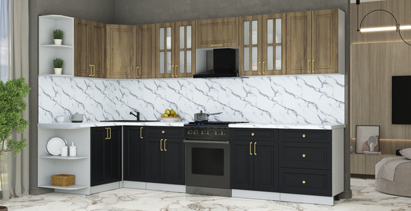 Изображение товара Кухонный гарнитур Интерлиния Мила Шато 1.5x3.3 LV (дуб вотан/черный/белый гранит)