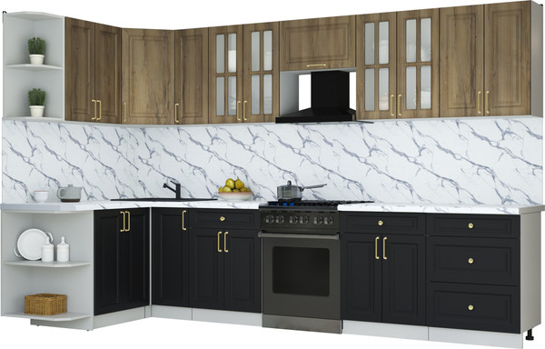Изображение товара Кухонный гарнитур Интерлиния Мила Шато 1.5x3.3 LV (дуб вотан/черный/белый гранит)