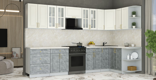 Изображение товара Кухонный гарнитур Интерлиния Мила Шато 1.5x3.3 PR (белый/керамика/опал светлый)