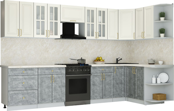 Изображение товара Кухонный гарнитур Интерлиния Мила Шато 1.5x3.3 PR (белый/керамика/опал светлый)