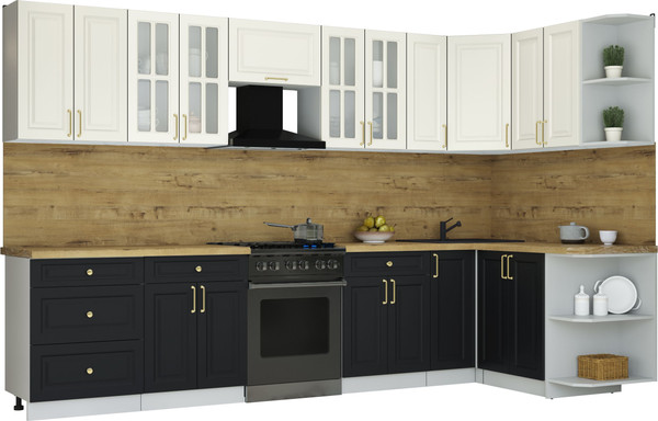 Изображение товара Кухонный гарнитур Интерлиния Мила Шато 1.5x3.3 PR (белый/черный/дуб бунратти)