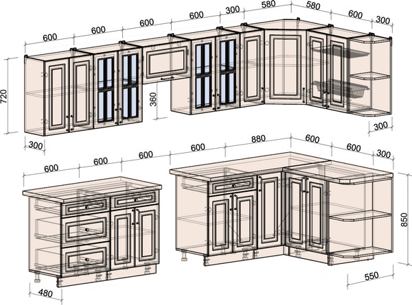 Изображение товара Кухонный гарнитур Интерлиния Мила Шато 1.5x3.3 PR (дуб вотан/луна/опал светлый)