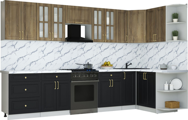 Изображение товара Кухонный гарнитур Интерлиния Мила Шато 1.5x3.3 PR (дуб вотан/черный/белый гранит)