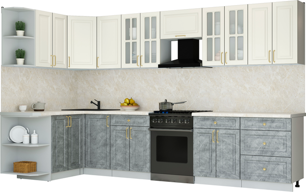 Изображение товара Кухонный гарнитур Интерлиния Мила Шато 1.5x3.4 LV (белый/керамика/опал светлый)