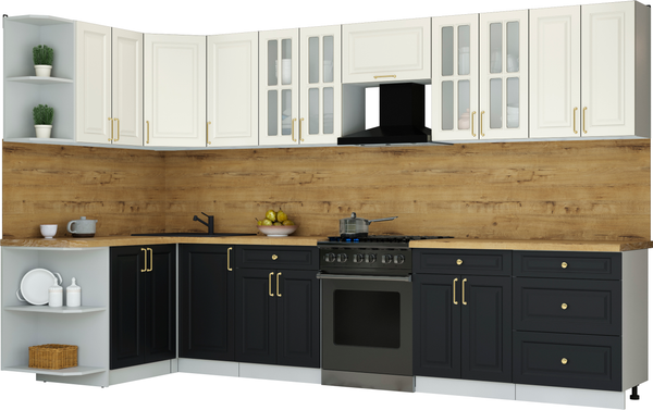 Изображение товара Кухонный гарнитур Интерлиния Мила Шато 1.5x3.4 LV (белый/черный/дуб бунратти)